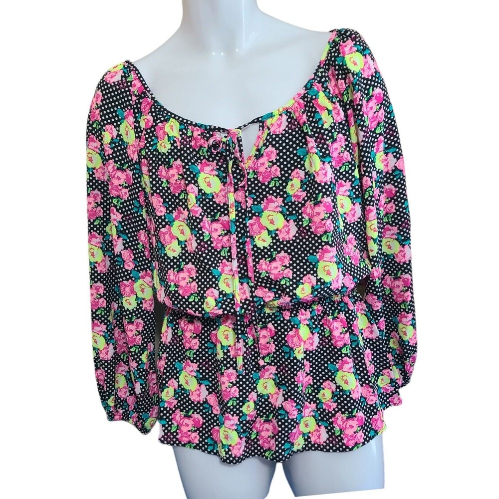 Betsey Johnson Peplum Blouse Top Womens L Black Pink PolkaDot Floral Long Sleeve